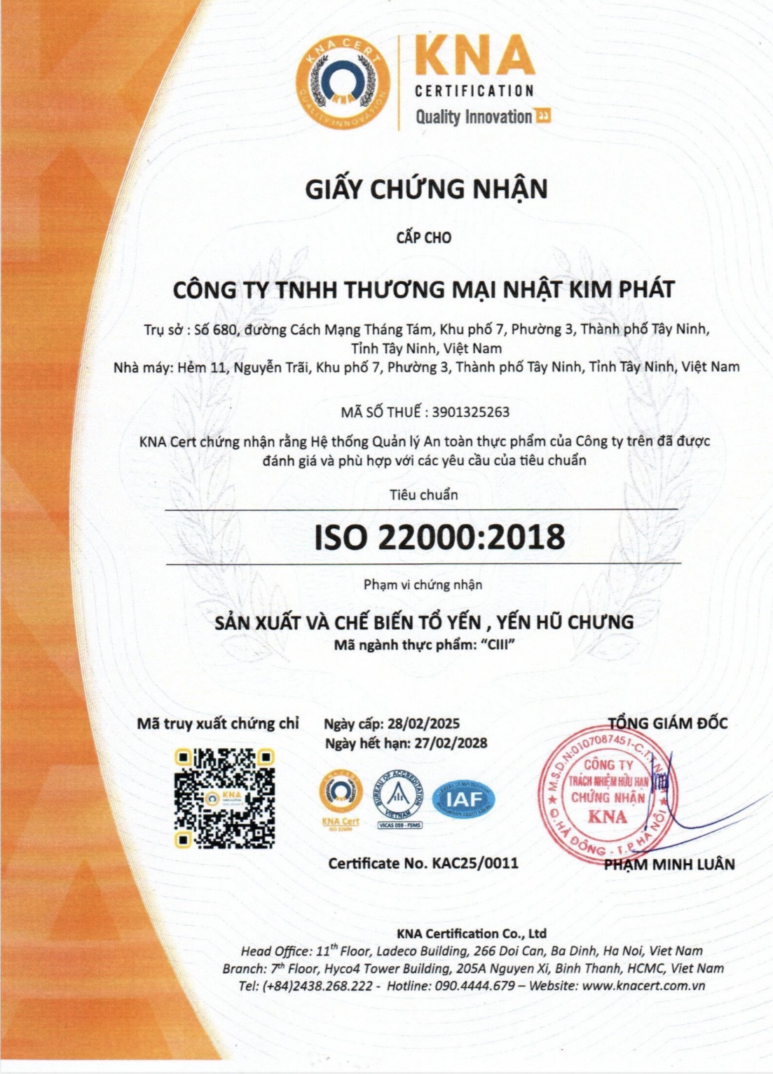 Ảnh chứng nhận ISO 22000 của thương hiệu Yến Song Tiên